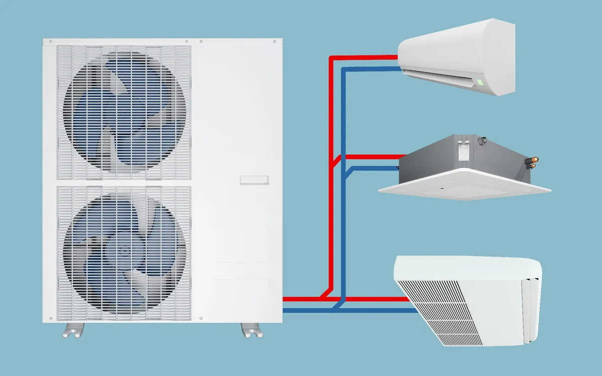 Schéma de fonctionnement d'une climatisation avec unités intérieures et extérieures, destiné aux installateurs de climatisation.